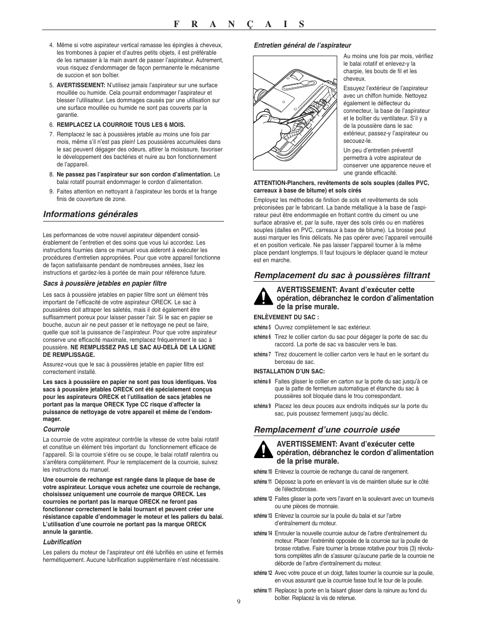 Informations générales, Remplacement du sac à poussières filtrant, Remplacement d’une courroie usée | Oreck XL U3640RH User Manual | Page 10 / 16
