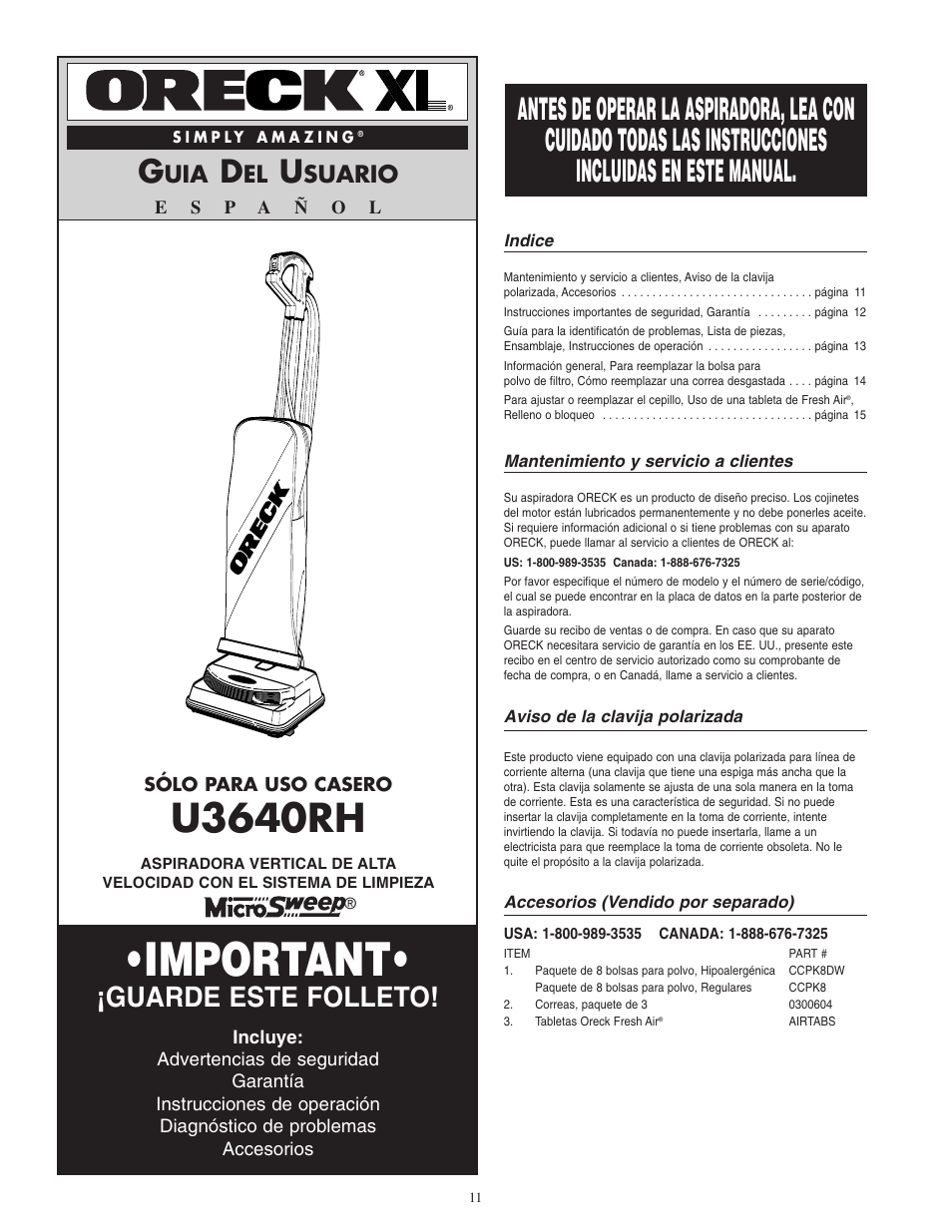 Important, U3640rh, Guarde este folleto | Suario | Oreck XL U3640RH User Manual | Page 12 / 16