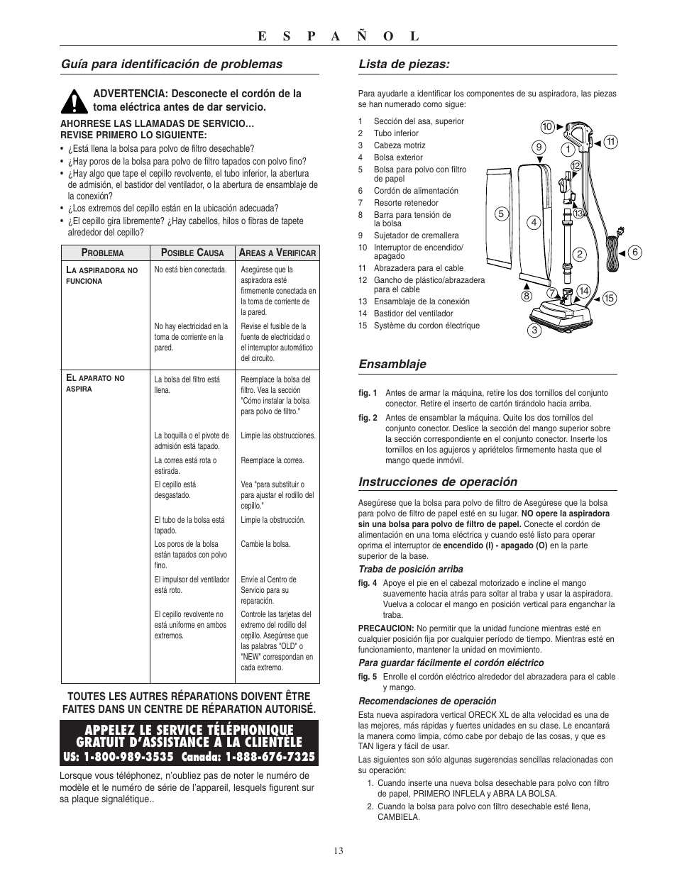 Guía para identificación de problemas, Lista de piezas, Ensamblaje | Instrucciones de operación | Oreck XL U3640RH User Manual | Page 14 / 16