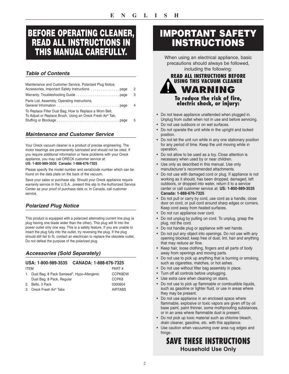 Important safety instructions, Warning, Save these instructions | Oreck XL U3640RH User Manual | Page 3 / 16