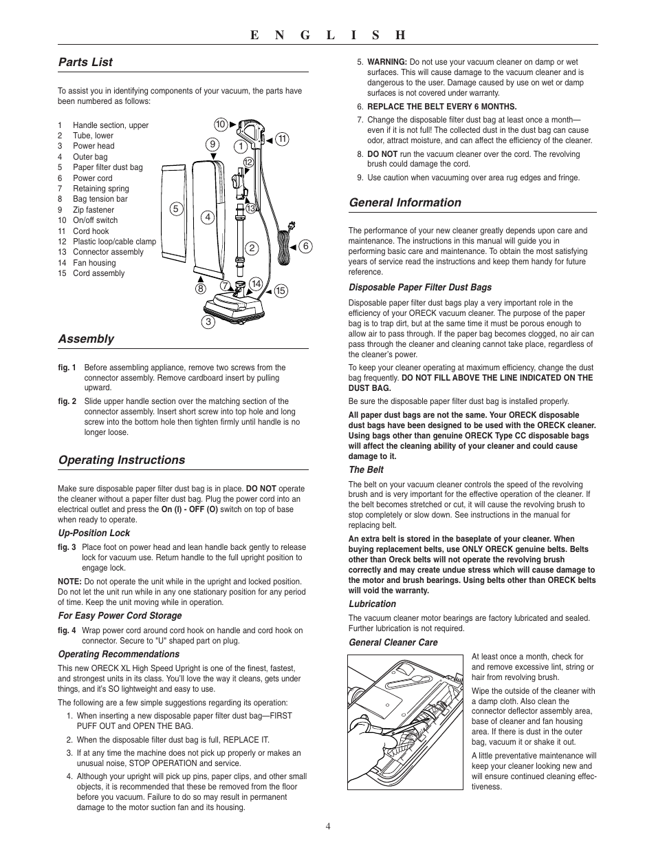 General information, Parts list, Assembly | Operating instructions | Oreck XL U3640RH User Manual | Page 5 / 16