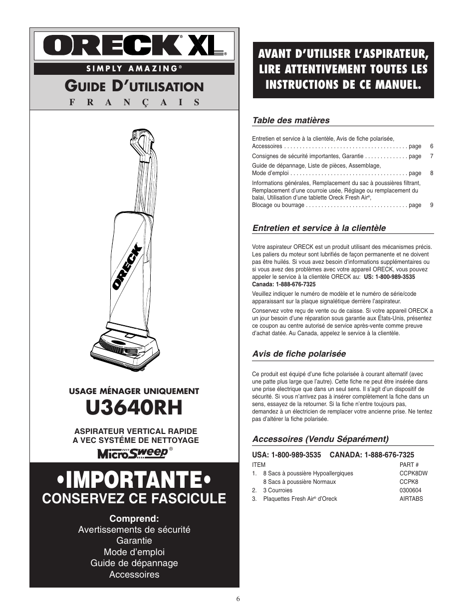 Importante, U3640rh, Conservez ce fascicule | Uide, Utilisation | Oreck XL U3640RH User Manual | Page 7 / 16