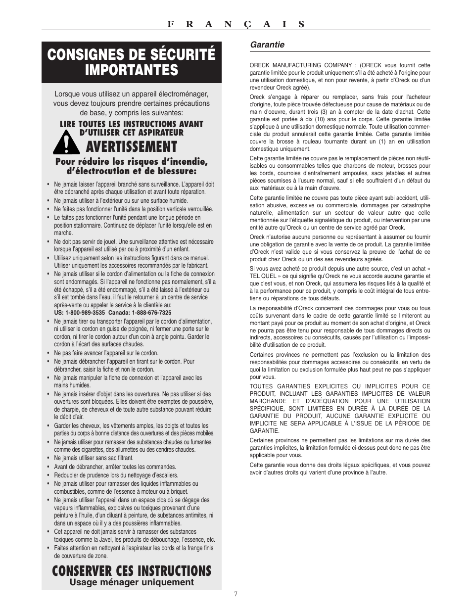 Consignes de sécurité importantes, Avertissement, Conserver ces instructions | Oreck XL U3640RH User Manual | Page 8 / 16