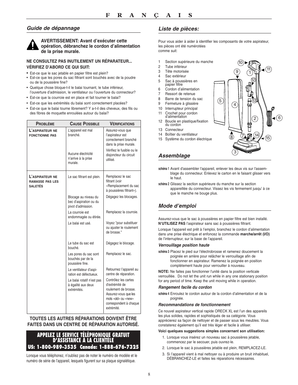 Liste de pièces, Assemblage, Mode d’emploi | Guide de dépannage | Oreck XL U3640RH User Manual | Page 9 / 16