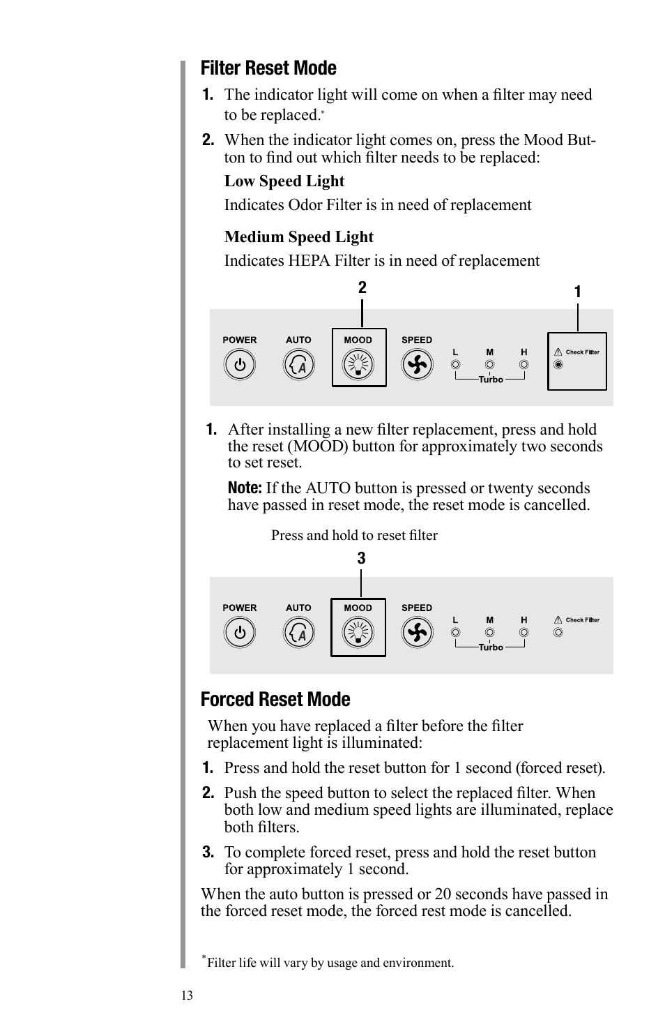 Filter reset mode, Forced reset mode | Oreck Air User Manual | Page 13 / 54