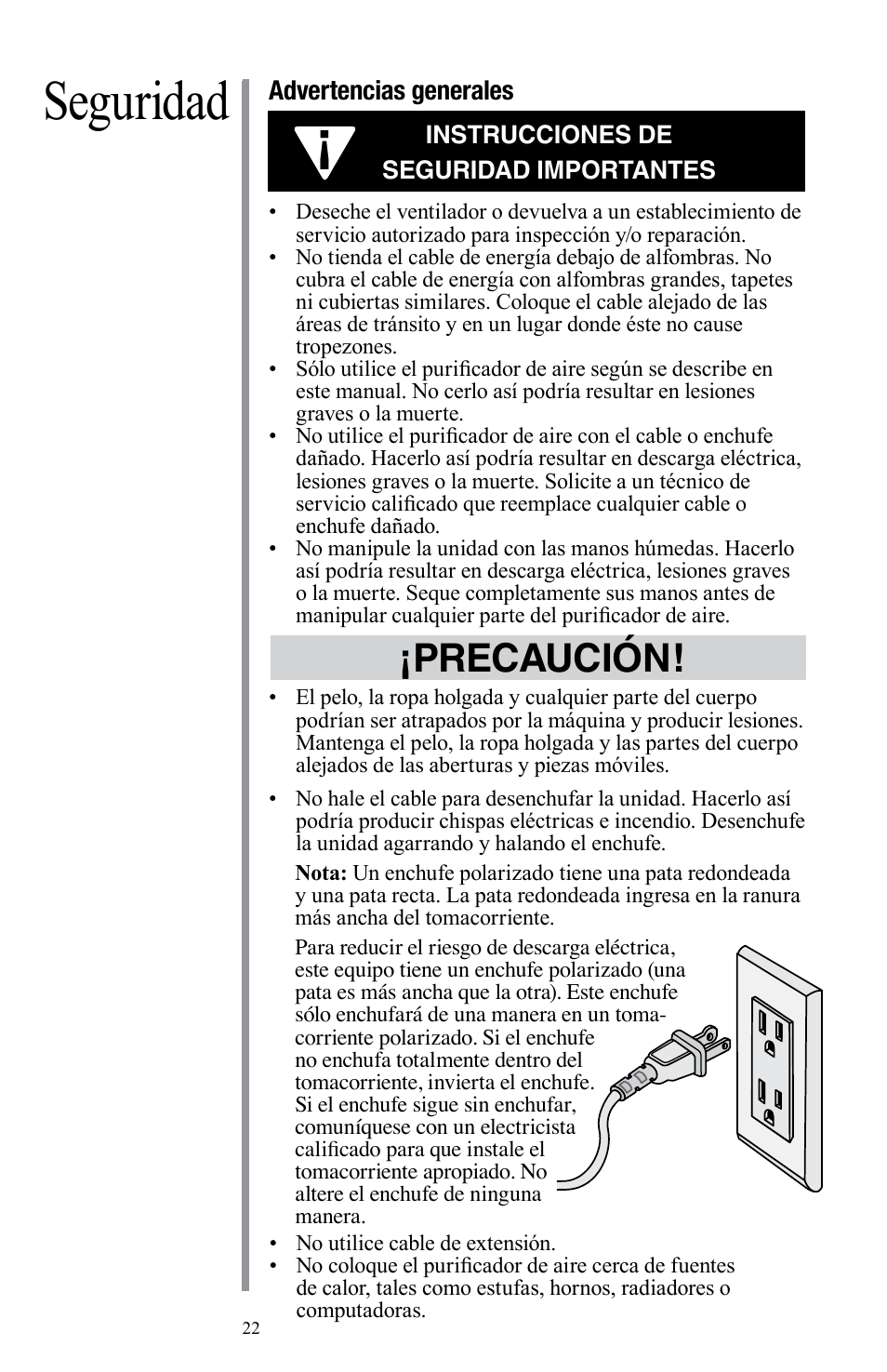 Seguridad, Precaución | Oreck Air User Manual | Page 22 / 54