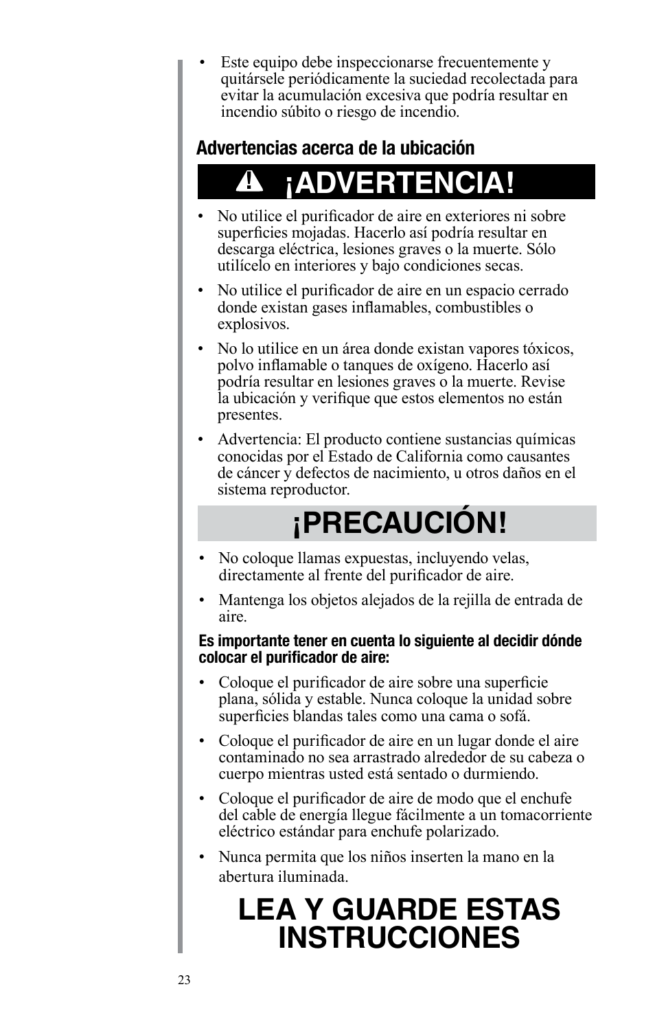 Advertencia, Lea y guarde estas instrucciones, Precaución | Oreck Air User Manual | Page 23 / 54