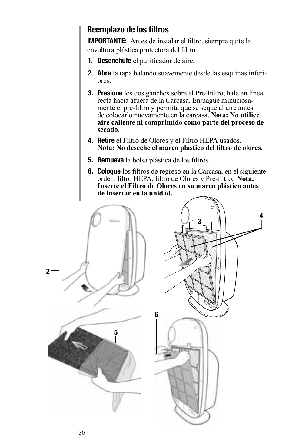 Reemplazo de los filtros | Oreck Air User Manual | Page 30 / 54