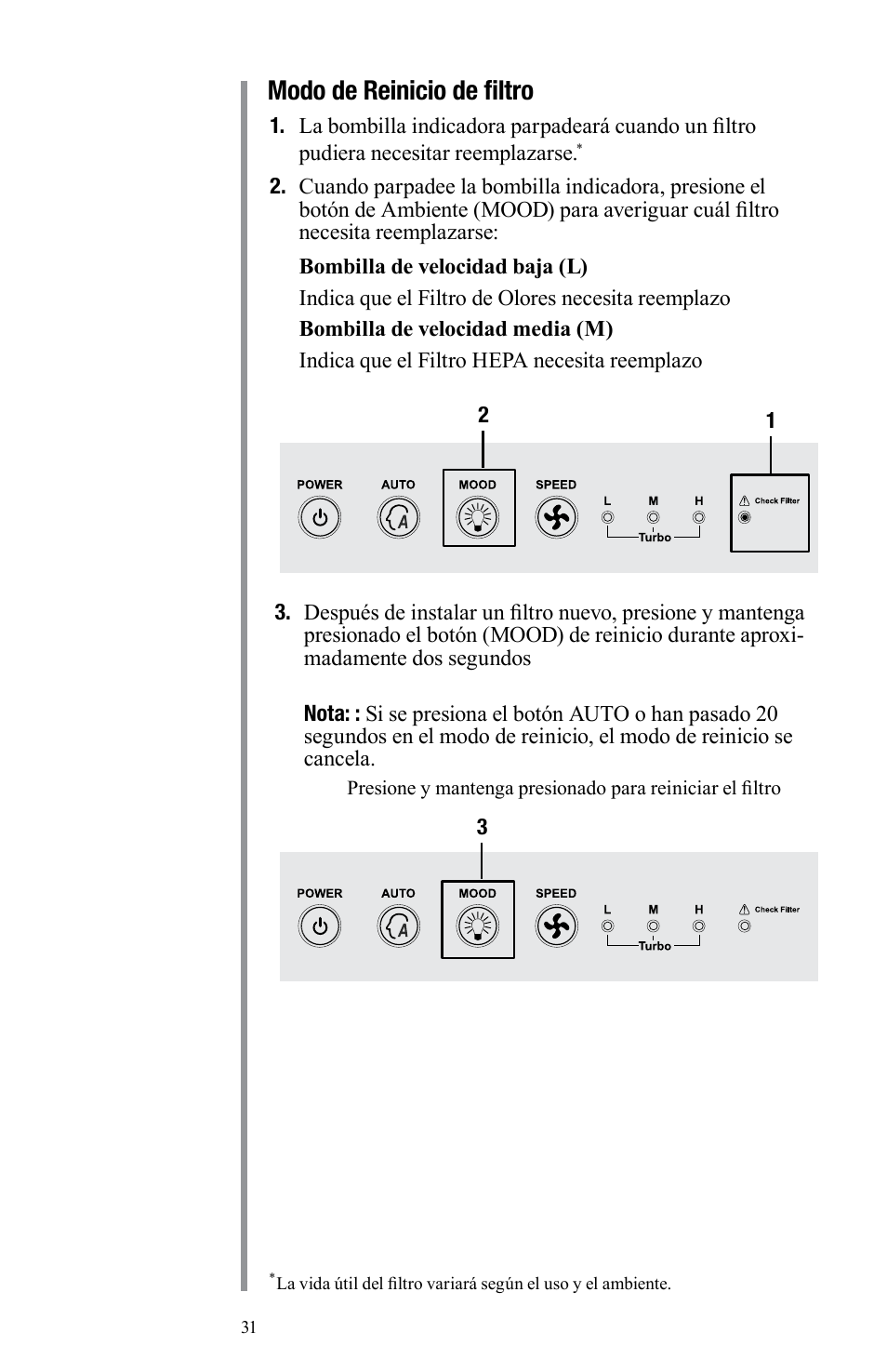 Modo de reinicio de filtro | Oreck Air User Manual | Page 31 / 54