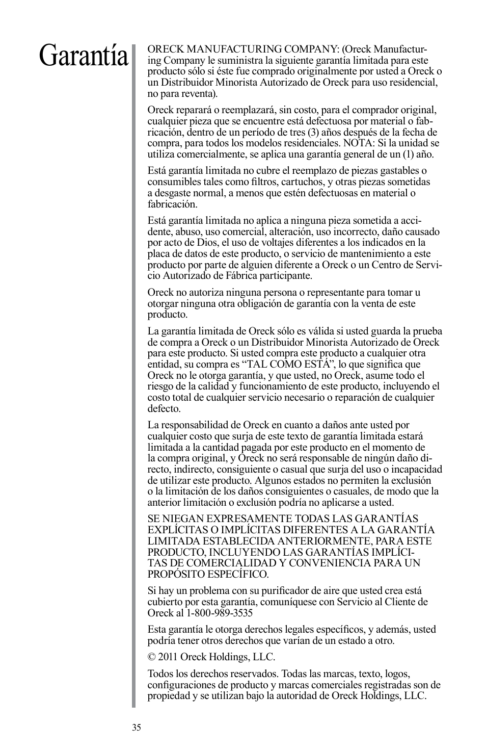 Garantía | Oreck Air User Manual | Page 35 / 54