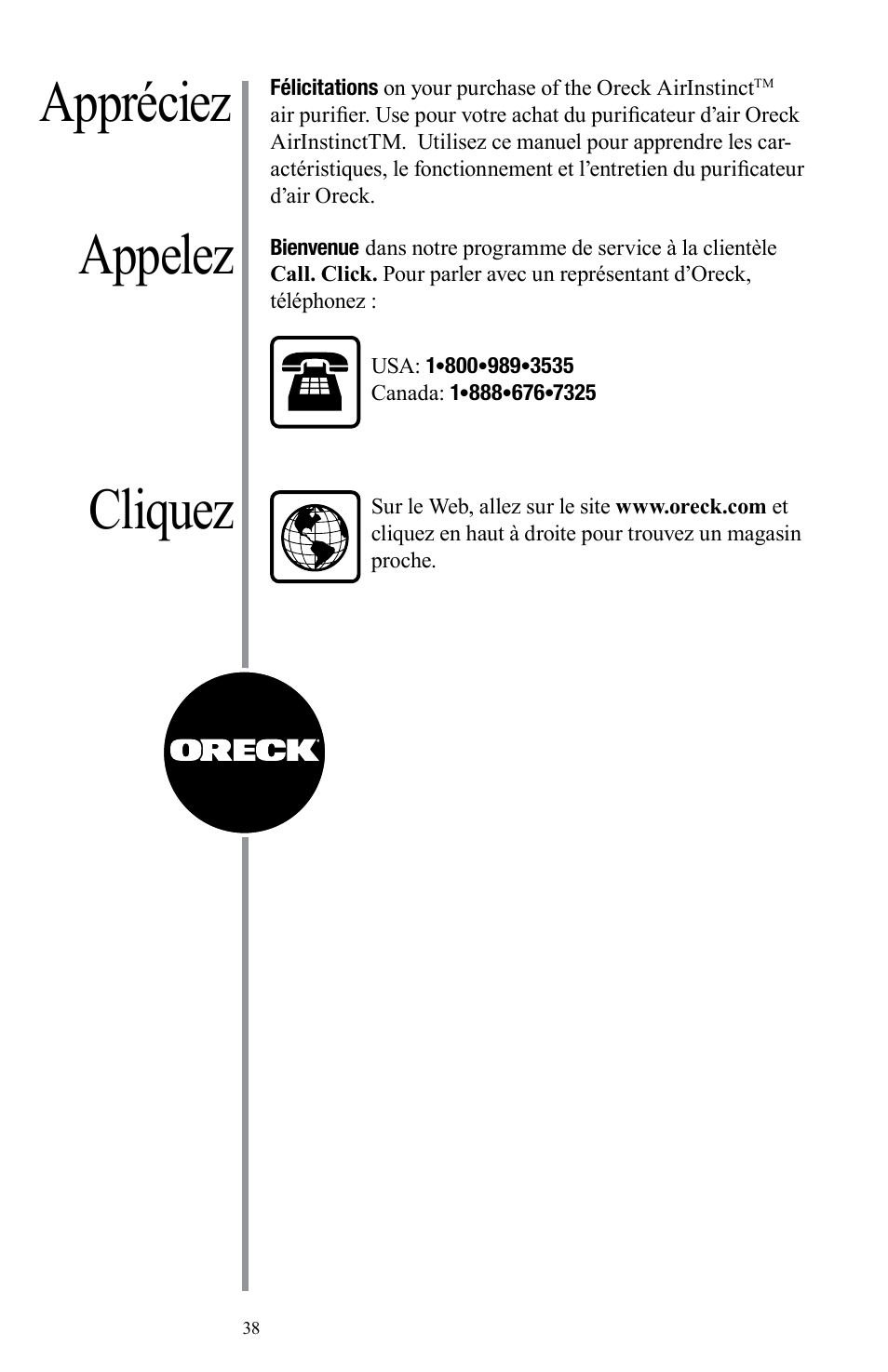 Appréciez cliquez appelez, Other oreck accessories available at | Oreck Air User Manual | Page 38 / 54