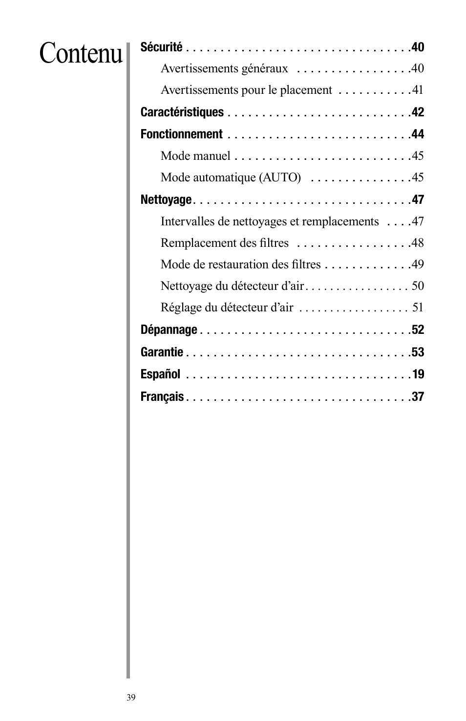 Contenu | Oreck Air User Manual | Page 39 / 54