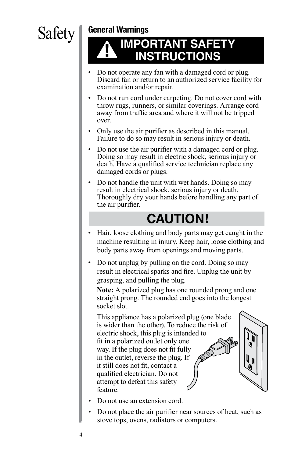 Safety, Caution, Important safety instructions | Oreck Air User Manual | Page 4 / 54