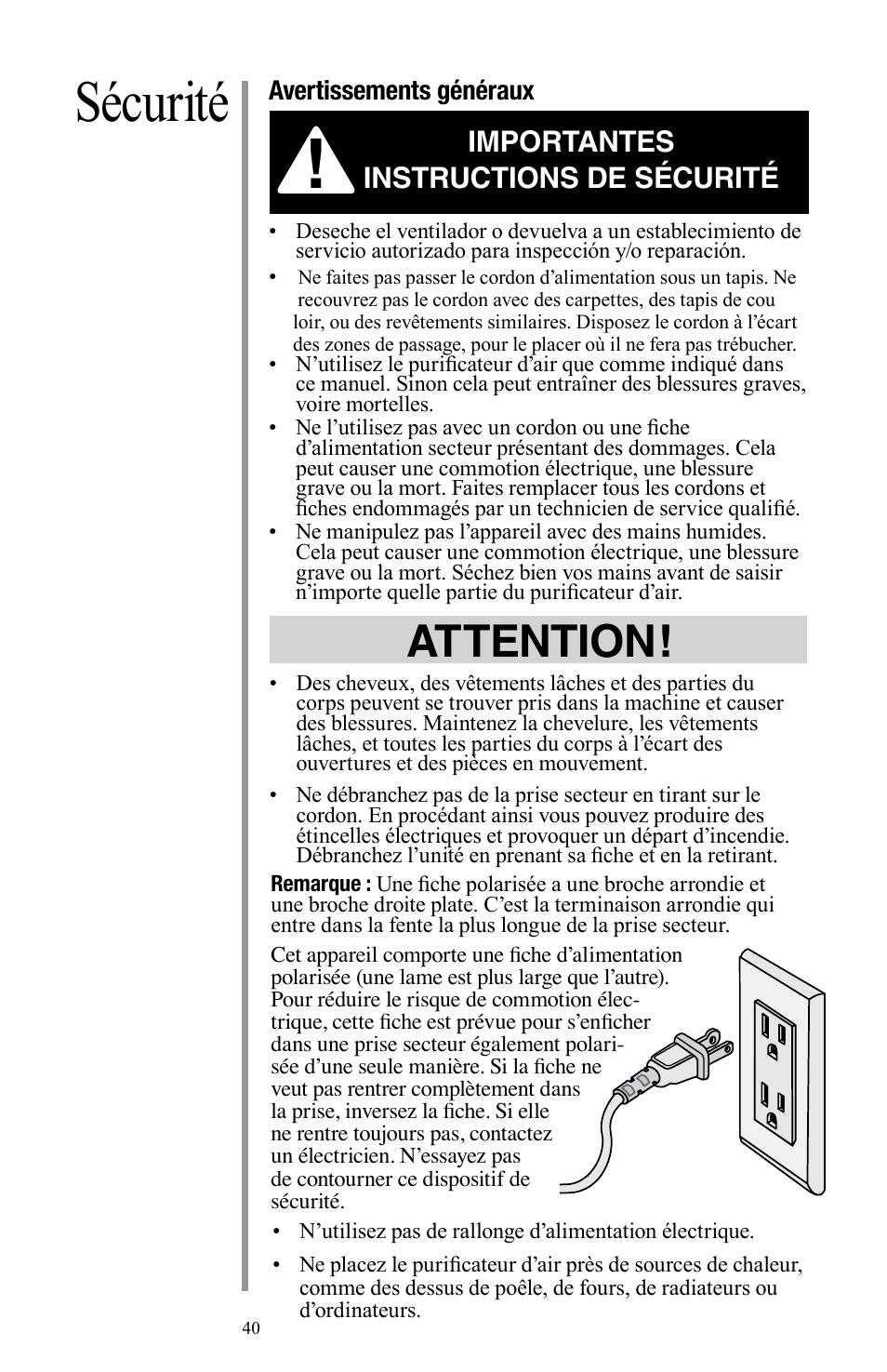 Sécurité, Attention, Importantes instructions de sécurité | Oreck Air User Manual | Page 40 / 54