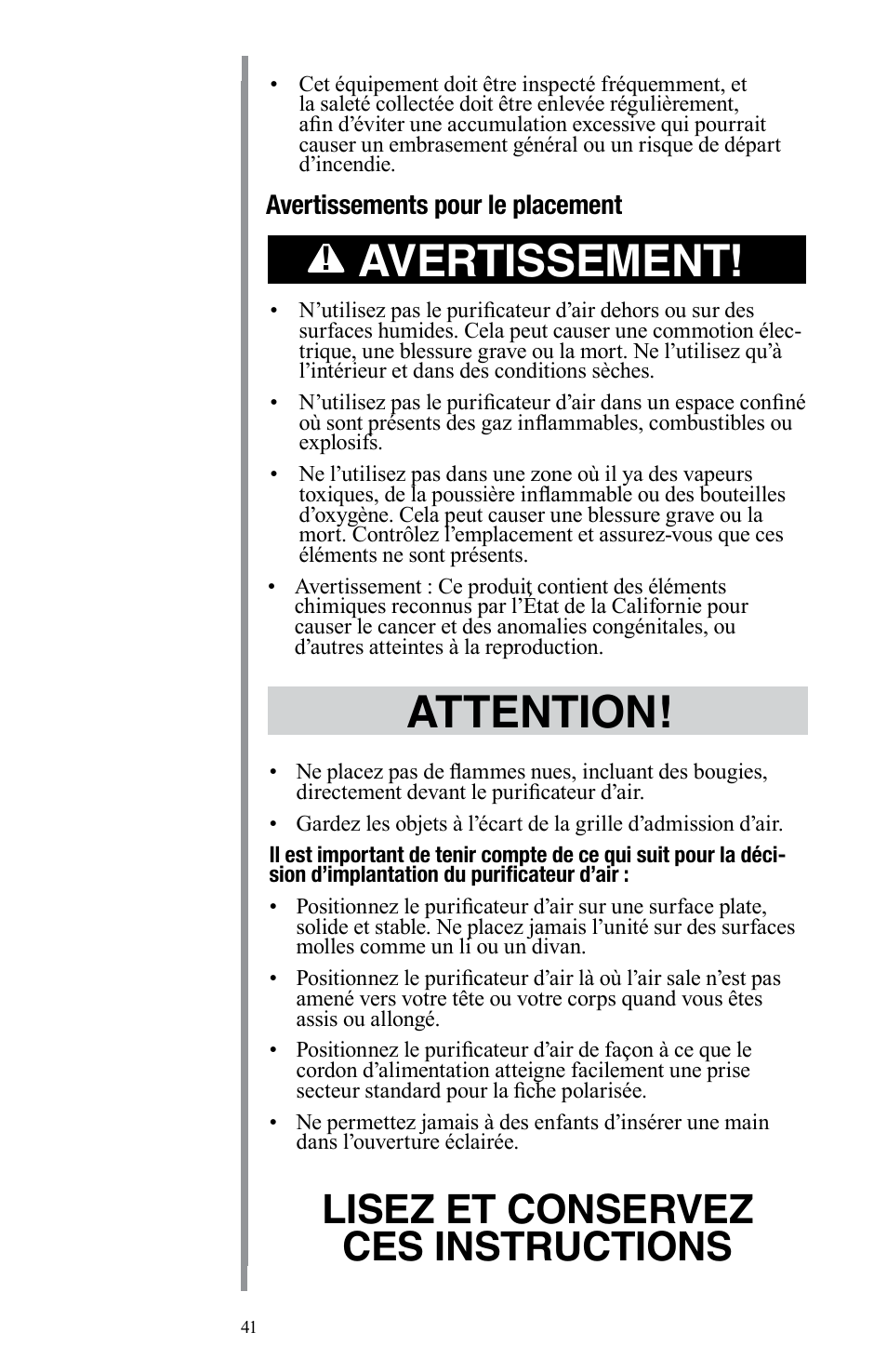 Avertissement, Attention, Lisez et conservez ces instructions | Oreck Air User Manual | Page 41 / 54