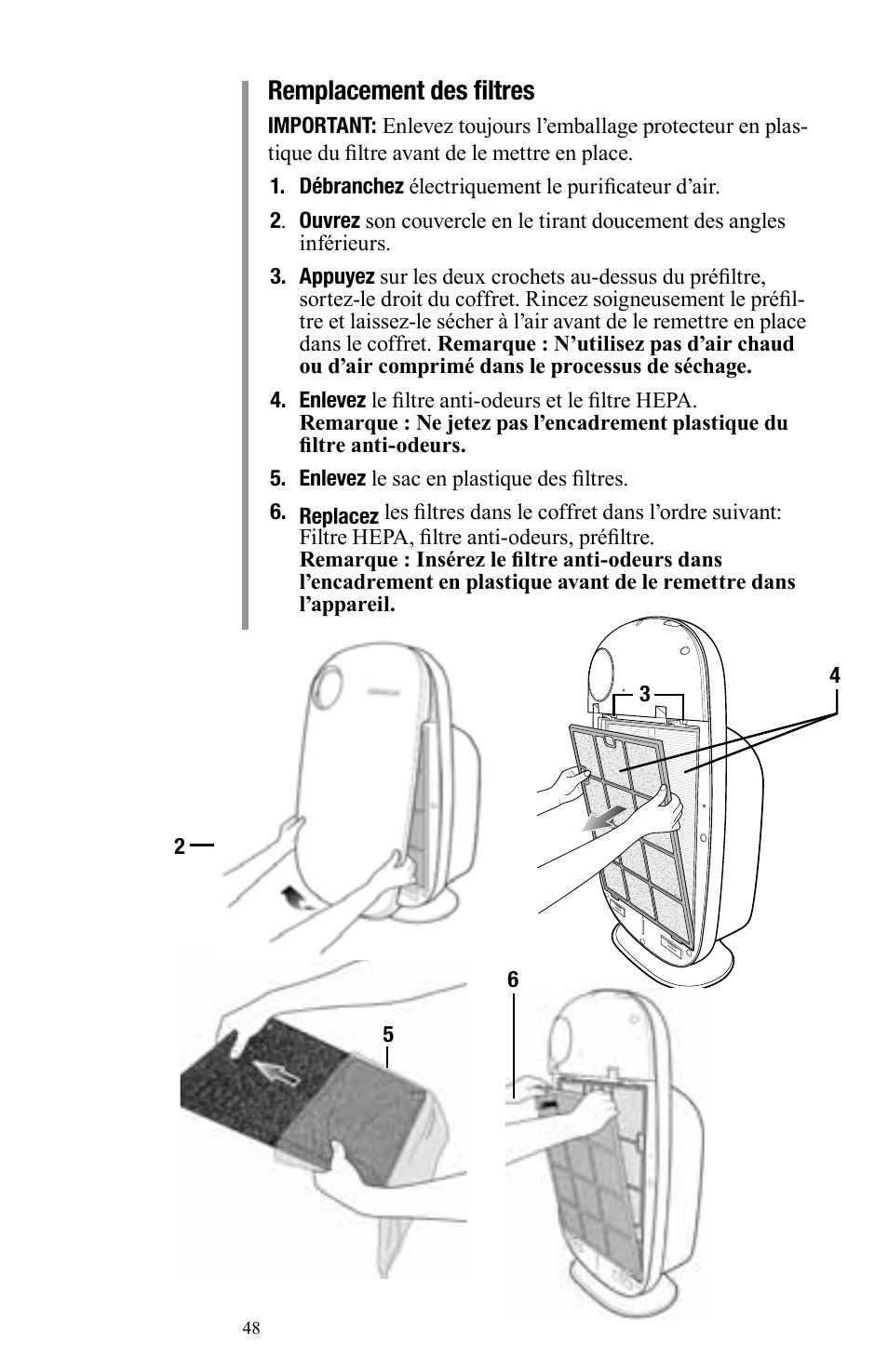 Remplacement des filtres | Oreck Air User Manual | Page 48 / 54