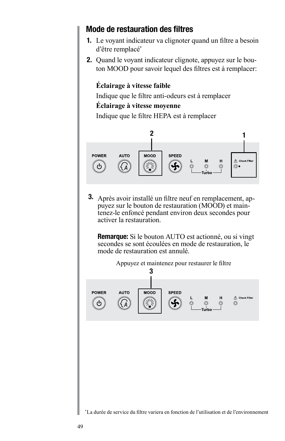 Mode de restauration des filtres | Oreck Air User Manual | Page 49 / 54