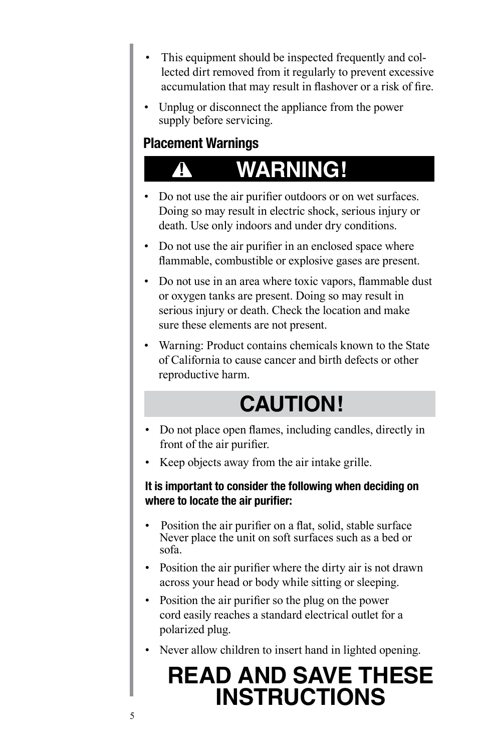 Read and save these instructions, Warning, Caution | Oreck Air User Manual | Page 5 / 54