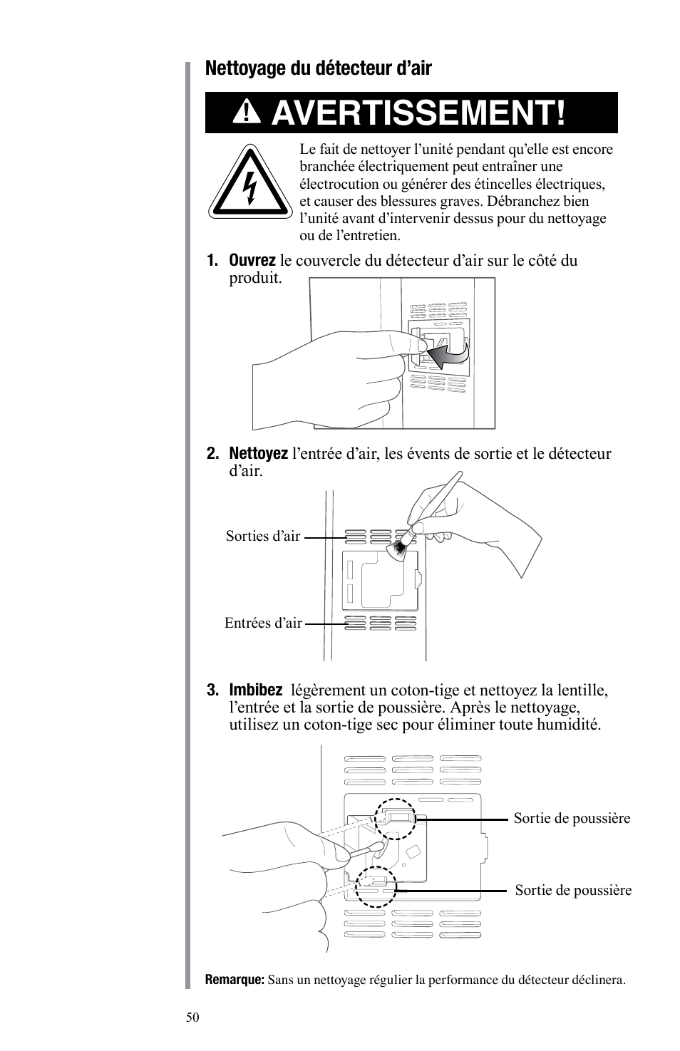 Avertissement, Nettoyage du détecteur d’air | Oreck Air User Manual | Page 50 / 54