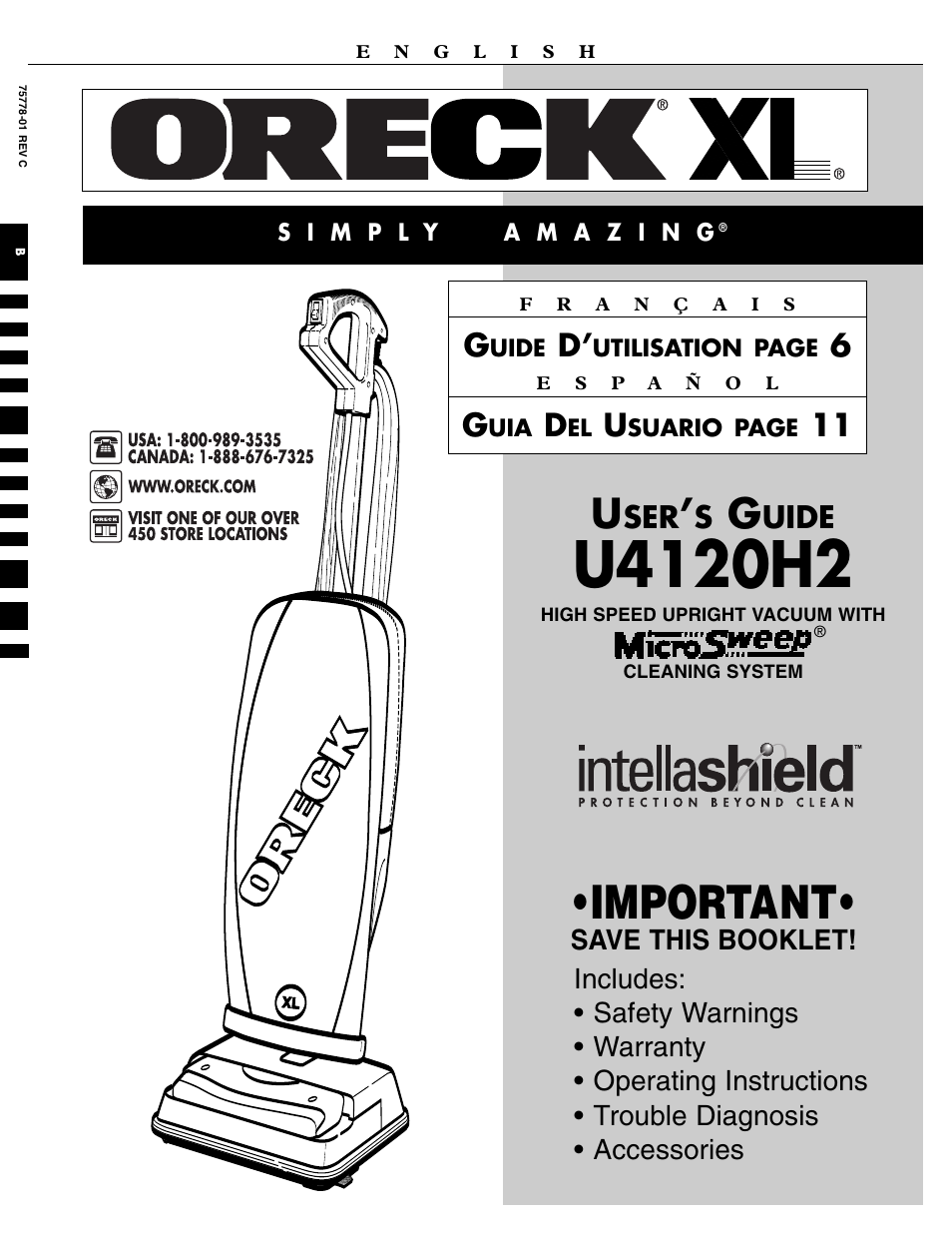 Oreck UPRIGHT VACUUM WITH HIGH SPEED CLEANING SYSTEM U4120H2 User Manual | 16 pages