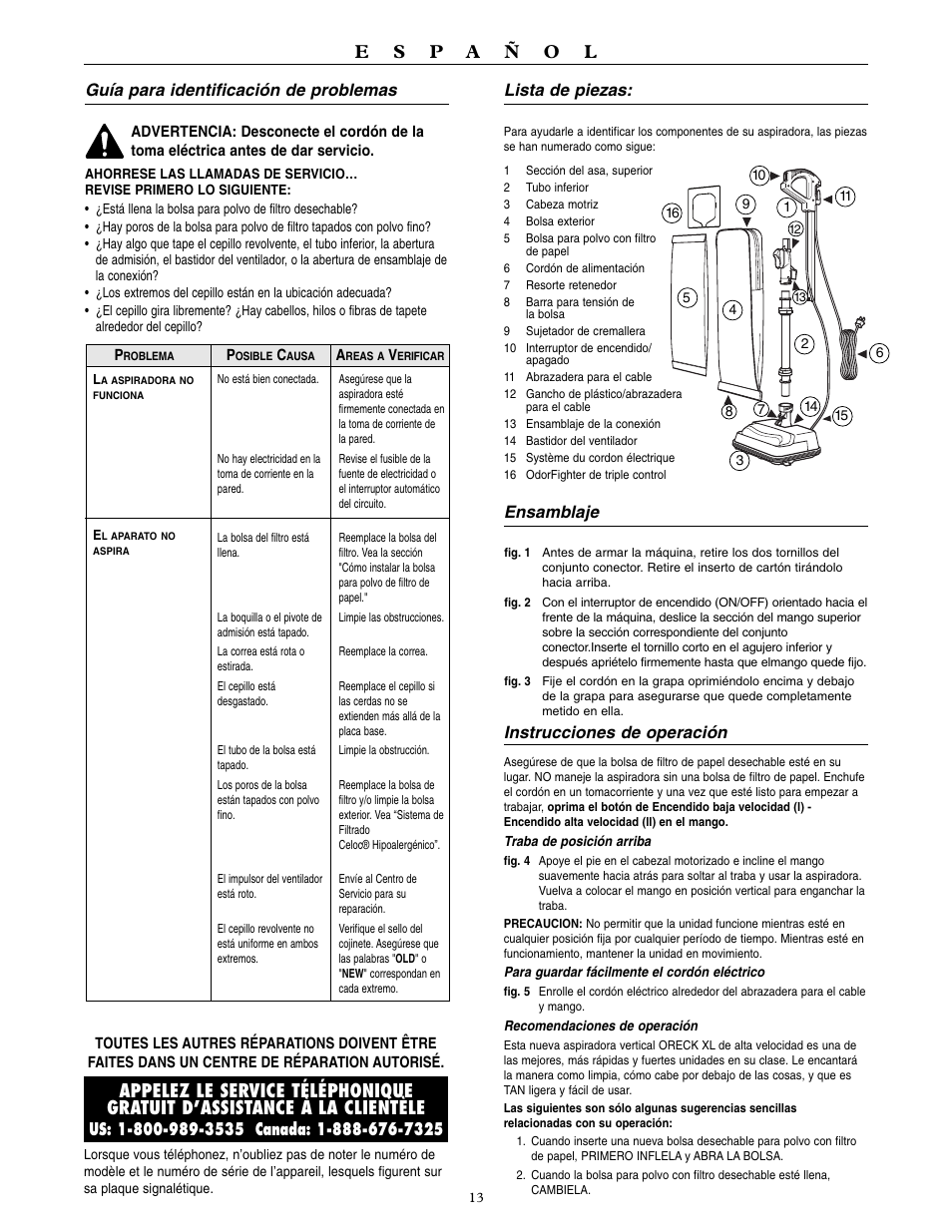 Guía para identificación de problemas, Lista de piezas, Ensamblaje | Instrucciones de operación | Oreck UPRIGHT VACUUM WITH HIGH SPEED CLEANING SYSTEM U4120H2 User Manual | Page 14 / 16