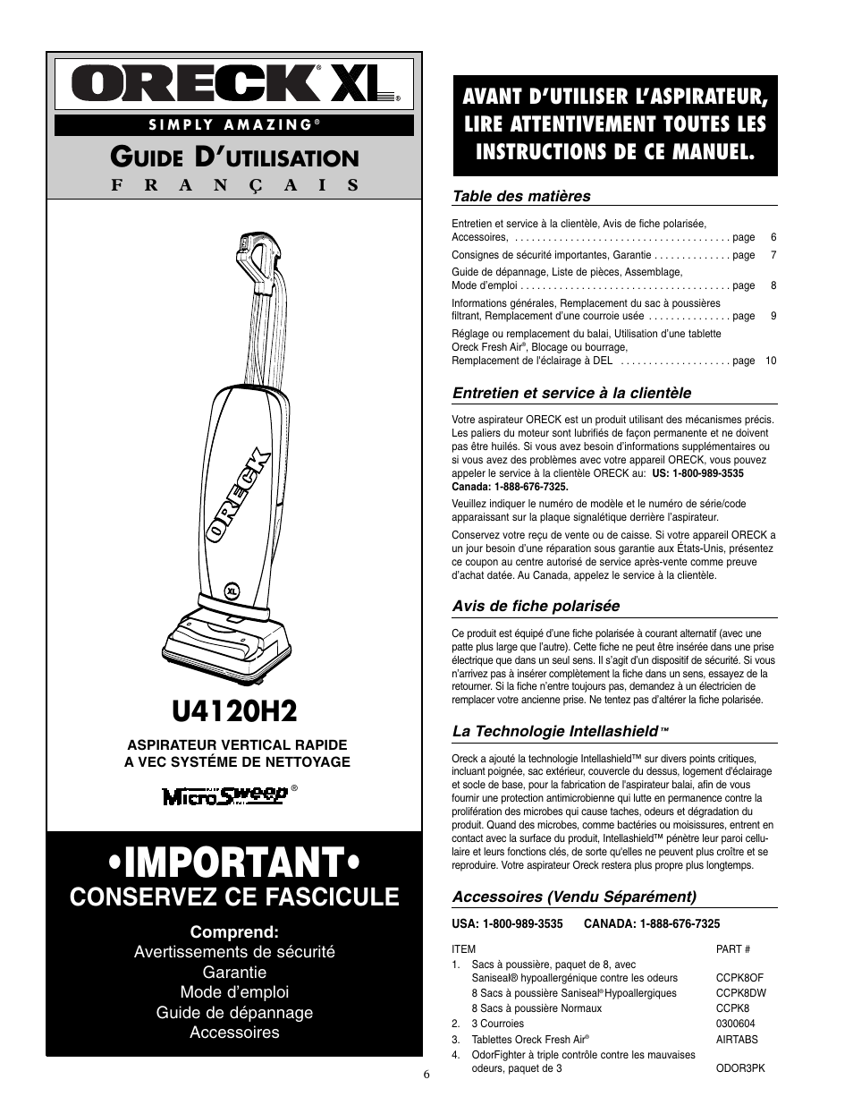 Important, Conservez ce fascicule, Uide | Utilisation | Oreck UPRIGHT VACUUM WITH HIGH SPEED CLEANING SYSTEM U4120H2 User Manual | Page 7 / 16