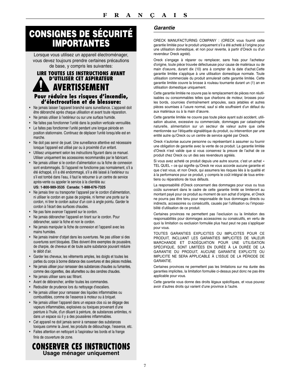 Consignes de sécurité importantes, Avertissement, Conserver ces instructions | Oreck UPRIGHT VACUUM WITH HIGH SPEED CLEANING SYSTEM U4120H2 User Manual | Page 8 / 16