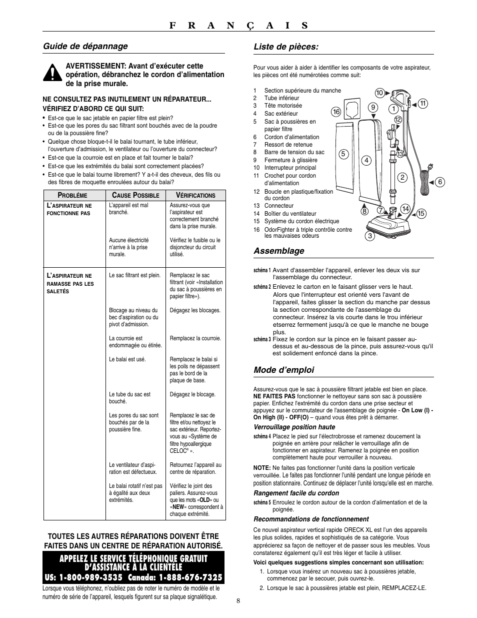 Guide de dépannage, Liste de pièces, Assemblage | Mode d’emploi | Oreck UPRIGHT VACUUM WITH HIGH SPEED CLEANING SYSTEM U4120H2 User Manual | Page 9 / 16