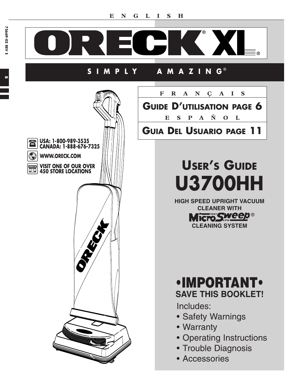 Oreck SIMPLY AMAZING U3700HH User Manual | 16 pages