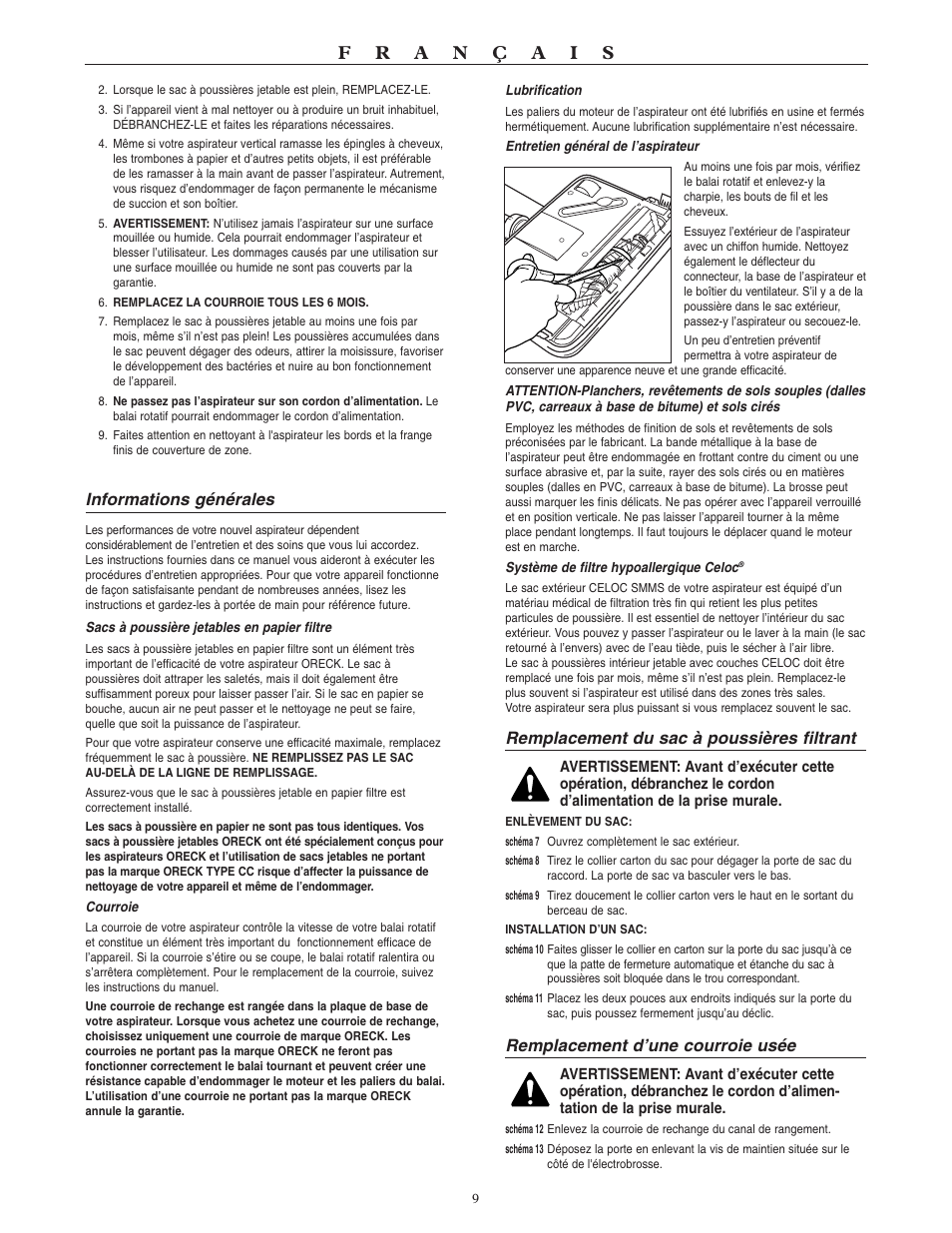 Informations générales, Remplacement du sac à poussières filtrant, Remplacement d’une courroie usée | Oreck SIMPLY AMAZING U3700HH User Manual | Page 10 / 16