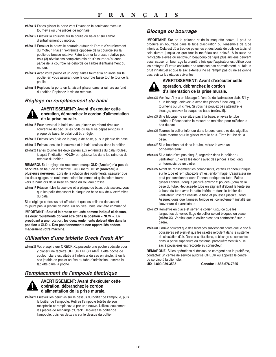 Réglage ou remplacement du balai, Utilisation d’une tablette oreck fresh air, Remplacement de l’ampoule électrique | Blocage ou bourrage | Oreck SIMPLY AMAZING U3700HH User Manual | Page 11 / 16