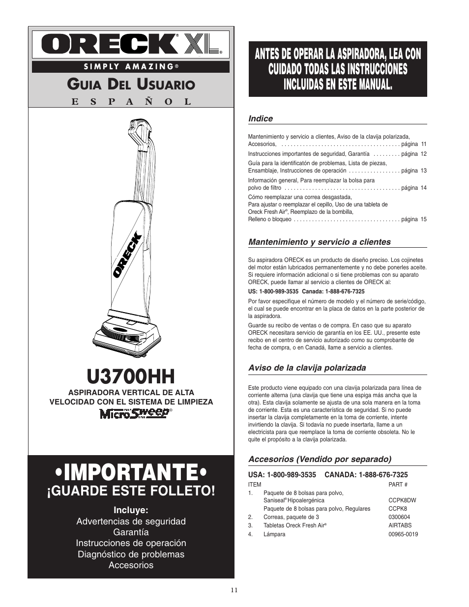 Importante, U3700hh, Guarde este folleto | Suario | Oreck SIMPLY AMAZING U3700HH User Manual | Page 12 / 16