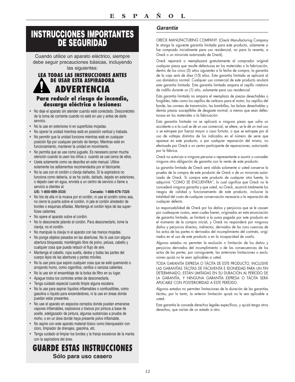 Instrucciones importantes de seguridad, Advertencia, Guarde estas instrucciones | Oreck SIMPLY AMAZING U3700HH User Manual | Page 13 / 16