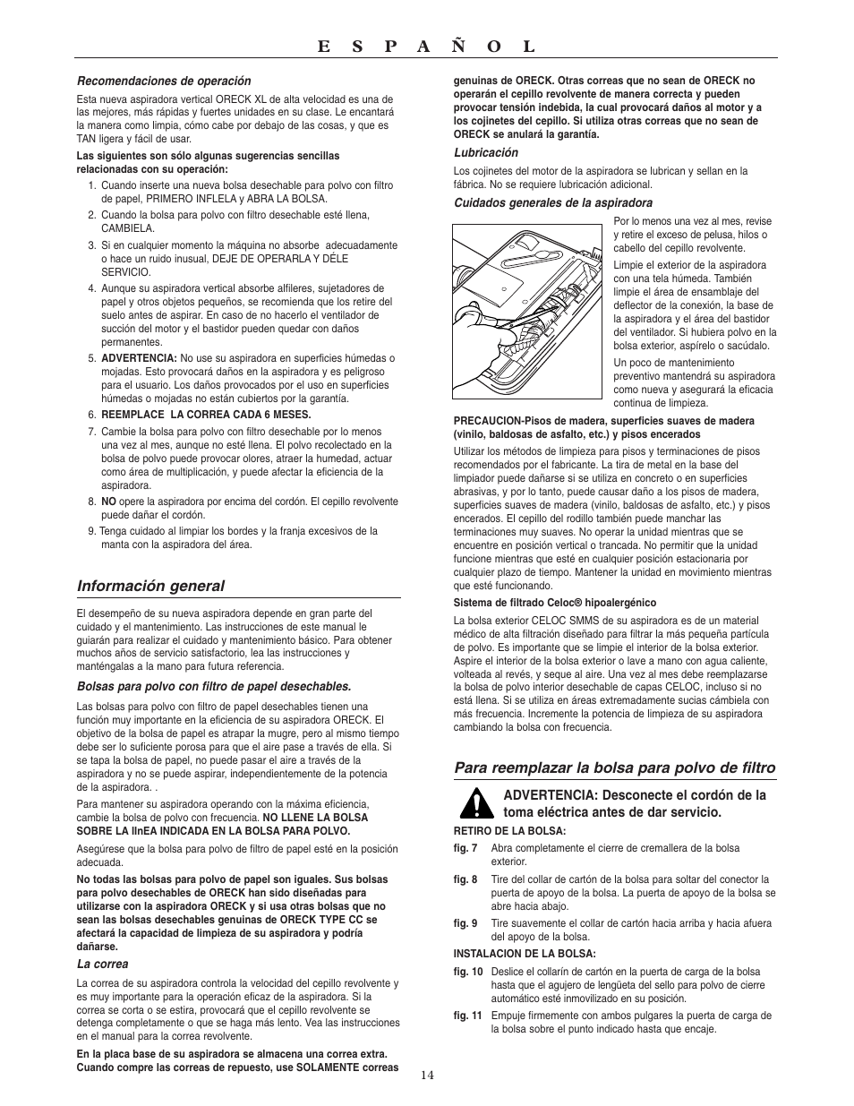 Información general, Para reemplazar la bolsa para polvo de filtro | Oreck SIMPLY AMAZING U3700HH User Manual | Page 15 / 16