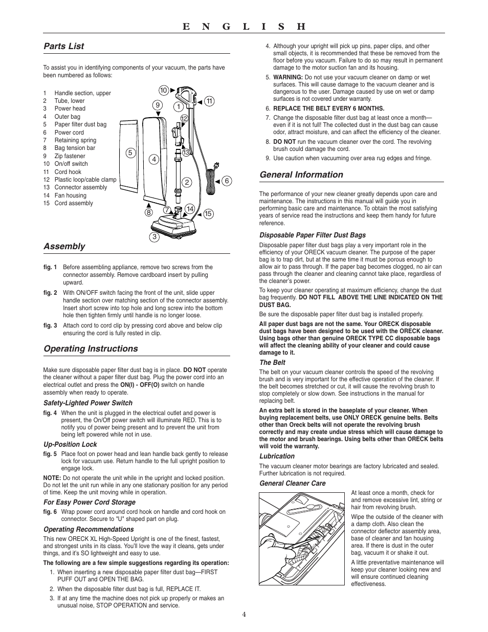 General information, Parts list, Assembly | Operating instructions | Oreck SIMPLY AMAZING U3700HH User Manual | Page 5 / 16