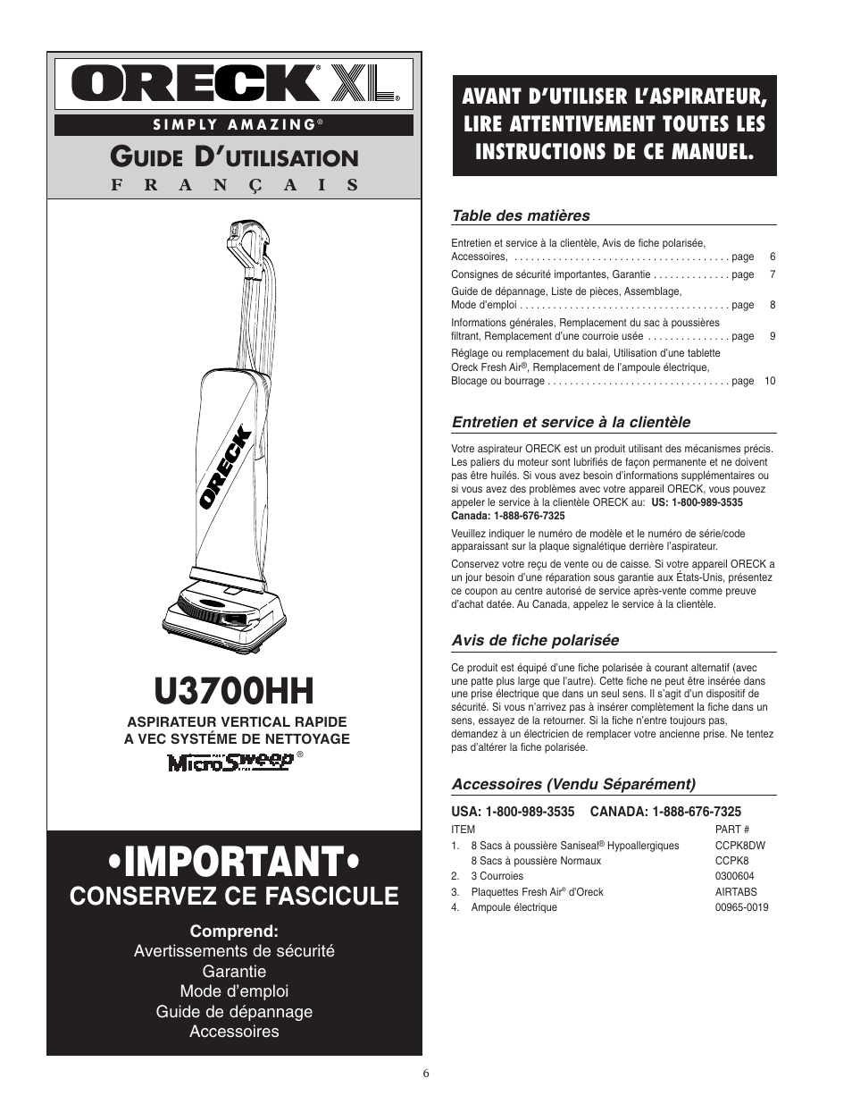 Important, U3700hh, Conservez ce fascicule | Uide, Utilisation | Oreck SIMPLY AMAZING U3700HH User Manual | Page 7 / 16