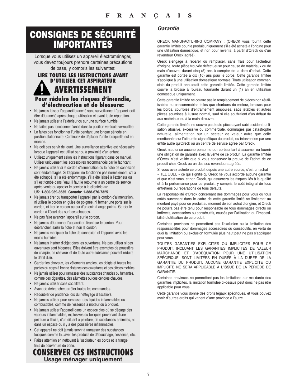 Consignes de sécurité importantes, Avertissement, Conserver ces instructions | Oreck SIMPLY AMAZING U3700HH User Manual | Page 8 / 16