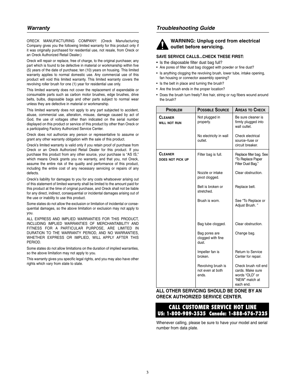 Call customer service hot line, Warranty, Troubleshooting guide | Oreck U4490HH User Manual | Page 4 / 8