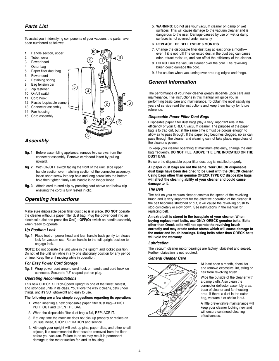 General information, Parts list, Assembly | Operating instructions | Oreck U4490HH User Manual | Page 5 / 8