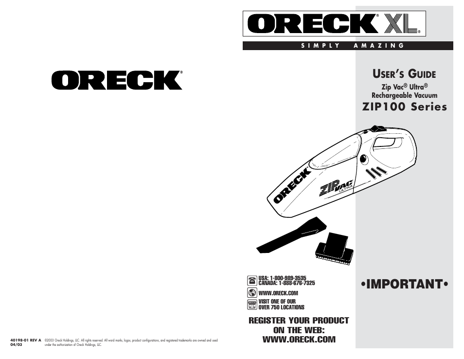 Oreck ZIP100 User Manual | 2 pages