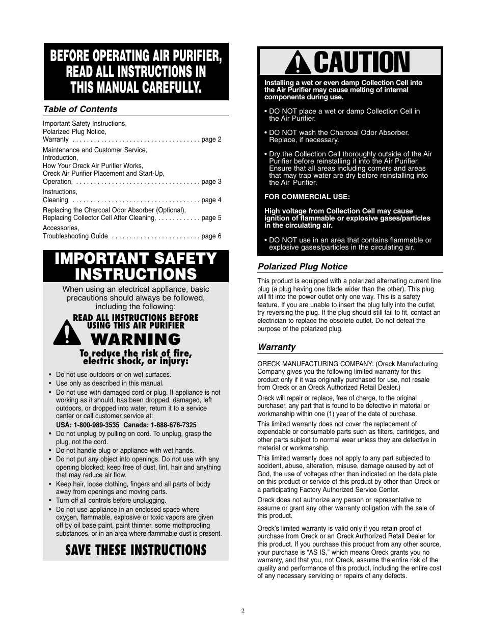 Caution, Important safety instructions, Warning | Save these instructions | Oreck COMPACT AIR PURIFIER User Manual | Page 2 / 7