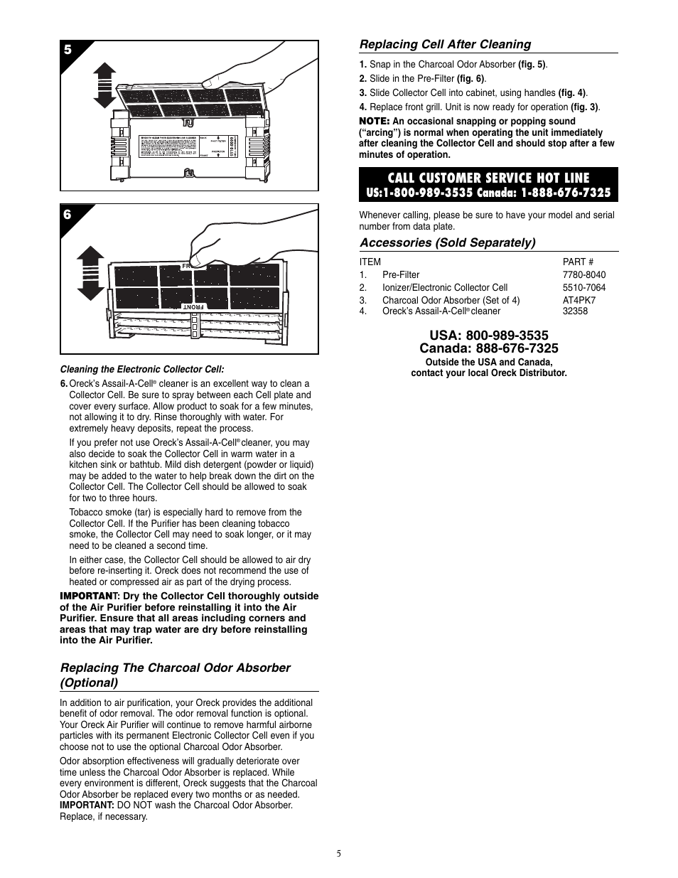 Call customer service hot line | Oreck COMPACT AIR PURIFIER User Manual | Page 5 / 7