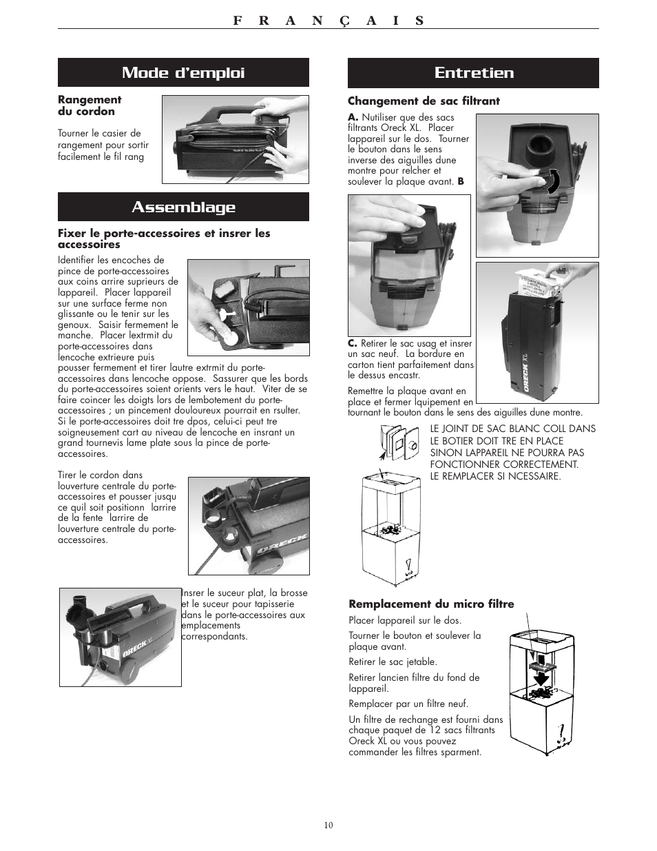 Ntretien, Ssemblage, Ode d’emploi | Oreck BB870-AW User Manual | Page 10 / 16