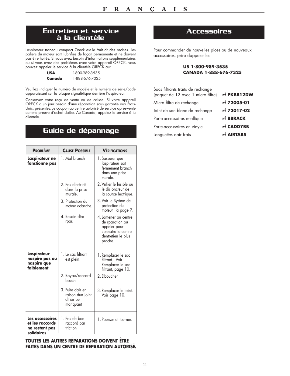Ccessoires, Uide de dépannage, Ntretien et service à la clientèle | Oreck BB870-AW User Manual | Page 11 / 16
