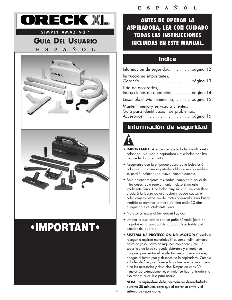 Important, Guarde este folleto, Información de seguridad | Aspiradoras compactas | Oreck BB870-AW User Manual | Page 12 / 16