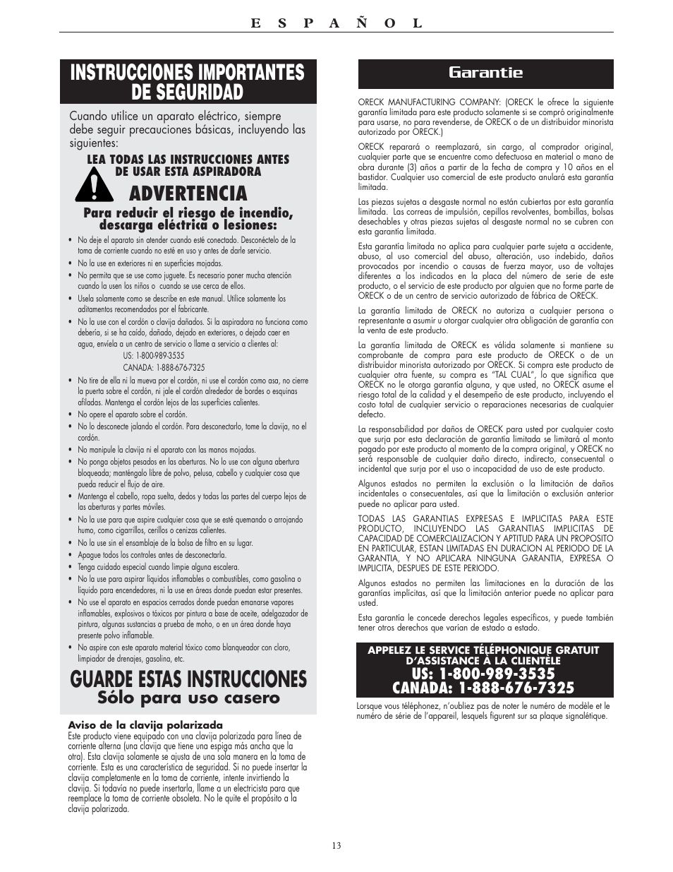 Instrucciones importantes de seguridad, Guarde estas instrucciones, Advertencia | Arantie, Sólo para uso casero | Oreck BB870-AW User Manual | Page 13 / 16