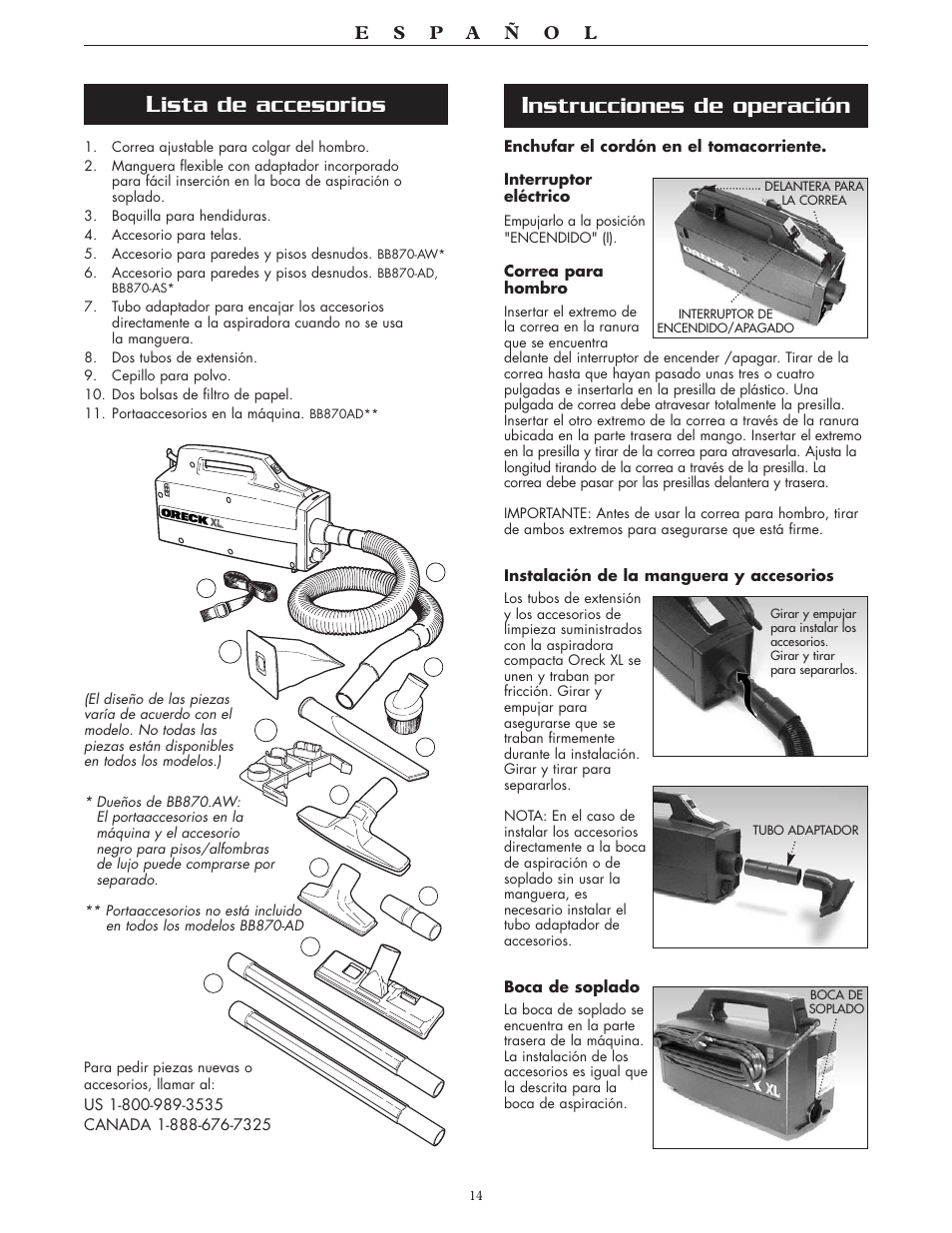 Nstrucciones de operación, Ista de accesorios | Oreck BB870-AW User Manual | Page 14 / 16