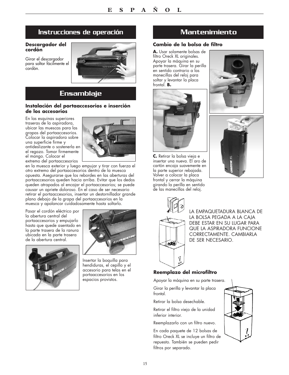 Antenimiento, Nsamblaje, Nstrucciones de operación | Oreck BB870-AW User Manual | Page 15 / 16
