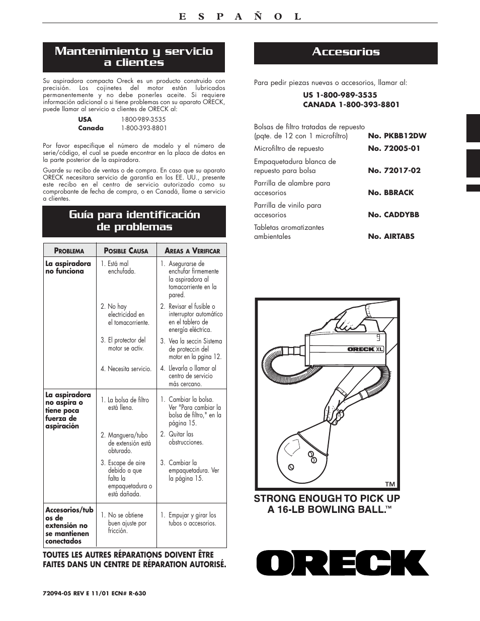 Ccesorios, Uía para identificación de problemas, Antenimiento y servicio a clientes | Oreck BB870-AW User Manual | Page 16 / 16