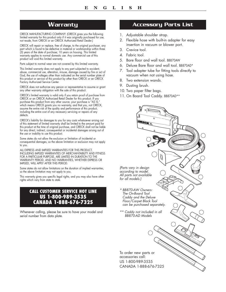 Arranty, Accessory parts list | Oreck BB870-AW User Manual | Page 3 / 16